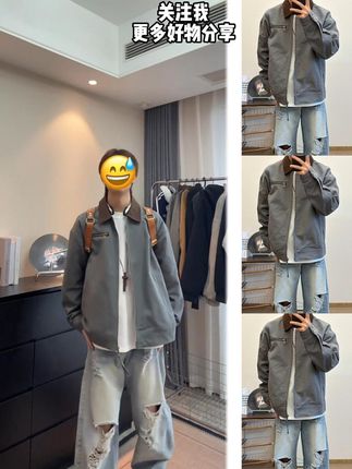 美式翻领短款底特律夹克男女秋季新款vintage复古拼接情侣外套潮 #穿搭 #百搭 #谁穿谁好看