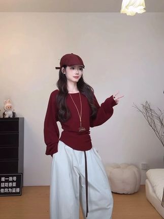 早秋一字肩条纹针织衫韩系设计感斜肩褶皱收腰长袖T恤 #ootd穿搭 #今天穿什么 #小个子显高显瘦穿搭 #搭配分享