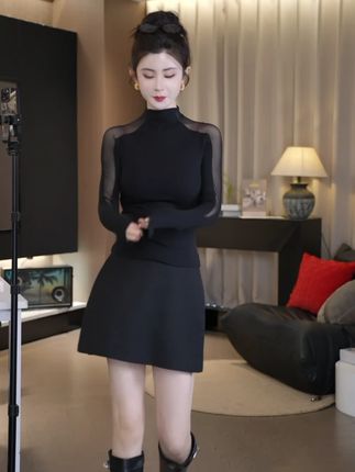 【AS美杜莎】25半高领网纱拼接性感微透修身弹力上衣 #穿搭推荐#精致穿搭#显瘦#小个子穿搭#遮肉