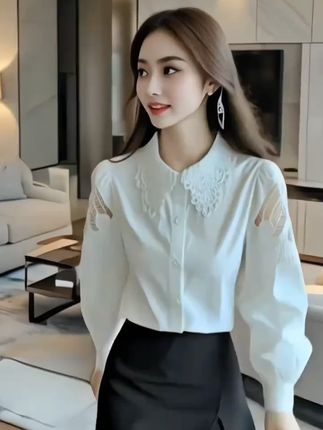 法式绣花领白衬衫女装秋季年新款打底衬衣轻奢高级感欧货小衫 #衬衫 #小衫 #打底衬 #衬衣#白衬衫