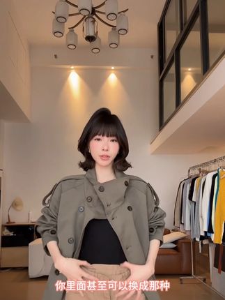 HHYB Hello冬季立领弧形肩廓形短款军绿色风衣 #军绿色风衣 #风衣外套 #气质百搭风衣 #冬季外套 #风衣女