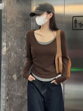 2025新款秋季撞色假两件长袖圆领T恤设计感百搭打底衫女上衣 #ootd穿搭 #今天穿什么 #时髦精 #搭配分享 #小众设计感