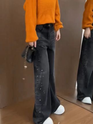 270重工拔印花闪亮烫钻秋季新款高腰直筒牛仔裤显瘦阔腿拖地长裤#直筒牛仔裤 #重工直筒牛仔裤 #高腰直筒牛仔裤 #显高显瘦显腿长 #通勤搭配