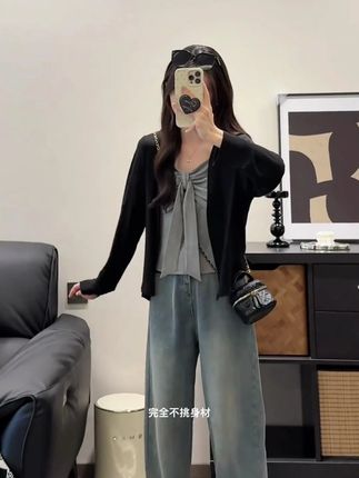 秋装新款胖mm大码女慵懒风蝴蝶结吊带针织开衫上衣套装