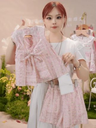 MOMOCO夏季女童新款贝尔粉碎花洋气花边无袖时尚套装776305782503#MOMOCO #女童套装 #粉色套装 #无袖套装儿童 #女童穿搭