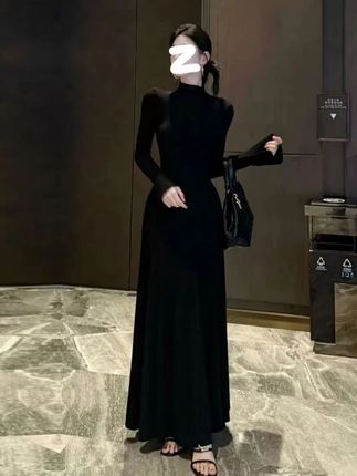 【半高领版】喇叭袖长款大摆连衣裙时尚百搭显瘦裙子法式气质大摆裙#显瘦穿搭 #品质女装 #搭配技巧 #时尚百搭 #显瘦遮肉