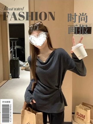 2025早秋新款法式荡领斜扣针织衫女收腰显瘦长袖气质上衣 #韩系穿搭 #苹果型穿搭 #肉肉女孩穿搭 #早秋穿搭 #微胖穿搭