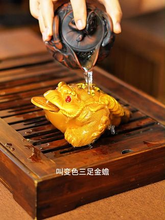 很多人茶盘上都有这么一个东西,叫变色三足金蟾 很多人茶盘上都有这么一个东西,叫变色三足金蟾,浇上开水,看着它慢慢变色,赏心悦目。它嘴里边儿那个钱很少有人知道怎么用的,赚呐,没事儿赚钱玩儿啊,反正我天天赚,越赚越开心,越赚越有钱。放在茶桌一角,浇一浇转一转,泡茶氛围立马提升。#变色茶宠 #摆件 #喝茶