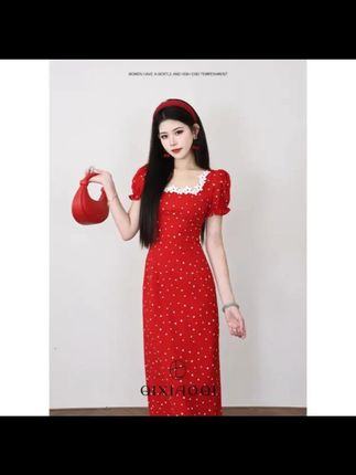 七小七Sicily【弗拉明戈】法式明媚气质感复古红色甜美波点连衣裙女#七小七法式连衣裙 弗拉明戈波点裙#复古红色连衣裙 明媚气质女裙#甜美连衣裙