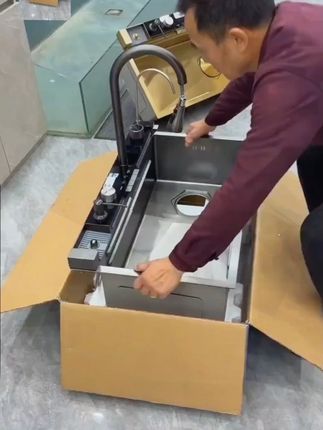 厨房304不锈钢飞雨瀑布水槽家用洗碗池枪灰色大洗菜盆单槽#厨房水槽#水槽#不锈钢水槽#洗菜盆单槽#多功能水槽