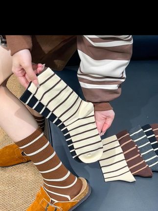 长筒女袜早秋款条纹时尚中筒网红高弹女士潮高筒弹力款运动堆堆袜
