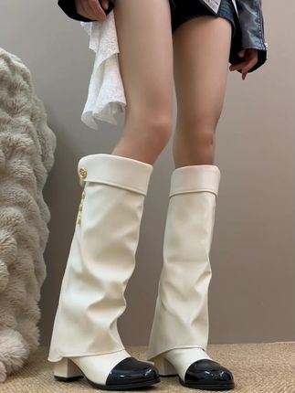 NICE ME~小香风拼色高筒靴2025粗跟靴裤管靴不过膝高 #靴子 #高筒靴 #拼接靴子 #小香风靴子 #不过膝靴子