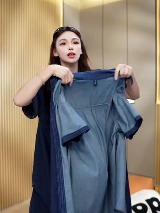 【休闲深蓝色牛仔套装女夏2025新款韩版短袖衬衫高腰抽绳短裤 #热点#女装测评#漂亮衣服穿上让你气质倍增#漂亮女孩穿搭