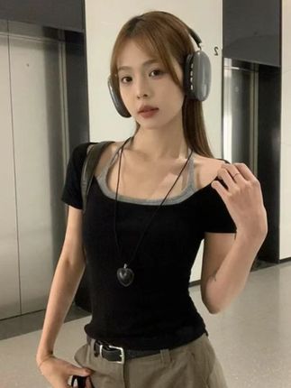 夏季新款正肩挂脖假两件U领短袖T桖小众设计感百搭修身显瘦#简约又性感的辣妹穿搭 #小个子穿搭 #你要怎么抵抗我 #日常穿搭时尚 #显瘦搭配
