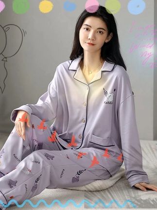 芬腾可安纯棉女士睡衣春秋夏季长袖宽松新款翻领可外穿套装家居服 芬腾可安纯棉女士睡衣春秋夏季长袖宽松新款翻领可外穿套装家居服