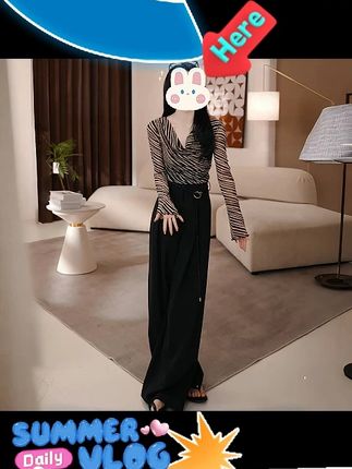 设计感斑马纹长袖T恤女+高腰西装阔腿裤女垂感休闲拖地裤#T恤 #西装阔腿裤 #斑马纹T恤 #休闲拖地裤 #两件套