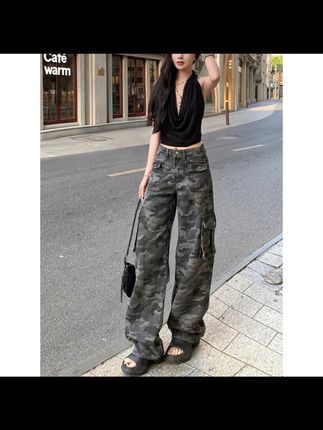 迷彩高腰工装直筒牛仔裤女2025秋季新款高腰宽松显瘦休闲拖地长裤#秋季牛仔裤 #迷彩工装裤 #高腰直筒 #宽松显瘦 #拖地长裤