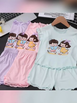 儿童睡衣女童夏季薄款短袖家居服短裤套装,纯手工设计,卡通动漫风格!#儿童睡衣套装 #女童夏季穿搭 #家居服日常 #亲子睡衣套装 #舒适莫代尔材质