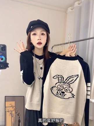 秋冬新款撞色圆领插肩袖后背兔子提花单排扣针织衫上衣女#秋款上衣新 #针织上衣毛衣 #秋冬针织上衣 #品质女装 #小众设计感