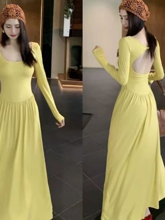 带胸垫百搭显瘦镂空露背设计长袖连衣裙秋夏韩系包收腰气质长裙子#面料柔软舒适 #显比例穿搭来啦 #百搭 #显白 #遮肉显瘦