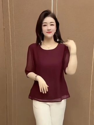 夏季新款雪纺小衫高档气质中年女士洋气百搭宽松遮肉减龄纯色上衣#恋夏度假风 #真的很summer #夏日变美思路 #谁穿谁好看 #面料舒适透气