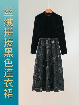 时尚百搭进口丝绒拼接立体刺绣花朵黑色连衣裙 #连衣裙 #优雅知性 #遮肉显瘦穿搭 #搭配技巧 #减龄穿搭