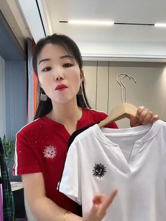 夏季新款太阳花刺绣V领短袖双杠【带银闪T恤】修身显瘦时尚百搭上衣