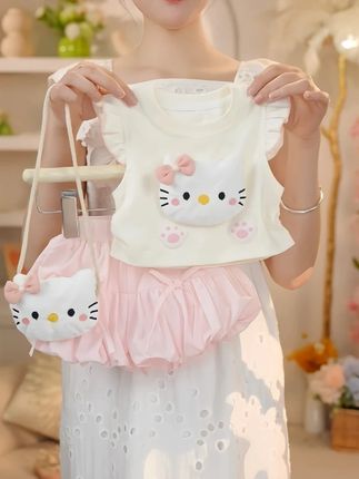 #女童夏季套装 #女童套装 #女童穿搭 #女童夏装 #女童套装推荐 2025夏季新款女童可爱飞袖儿童粉色公主甜美猫咪套装卡通2508