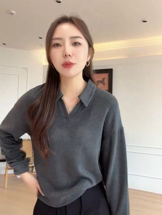 【余欢欢】秋季时尚休闲百搭翻领套头长袖绒衫-YHW50762#穿出高级感 #品质女装 #显瘦穿搭 #百搭t恤上衣
