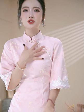 旗袍新中式秋季七分袖新款改良女装连衣裙中国风粉色优雅日常 #女装 #女人味#显瘦遮肉#女装穿搭#女装搭配
