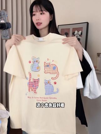 夏季新款藏青色纯棉短袖T恤女设计感小众百搭休闲卡通印花上衣潮#夏季穿搭 #穿搭技巧 #夏日必备 #夏季新款 #新款上新