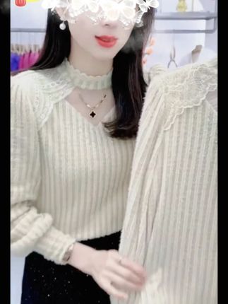 加绒长袖高档蕾丝打底衫女2025秋冬烫钻洋气名媛显瘦百搭保暖上衣#显瘦穿搭 #蕾丝打底衫 #加绒保暖 #洋气减龄 #谁穿谁好看