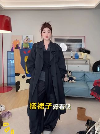 晶咕【千颂伊】经典廓形大翻领双排扣中长款风衣外套 #风衣 #早秋穿搭 #气质