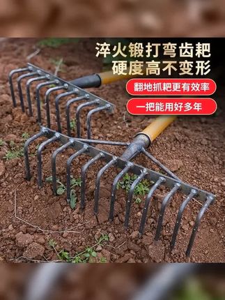 锰钢淬火加宽加硬的九齿钉耙,翻地松土超好用,农用刨地扒草多功能,农业好帮手。 #农用工具 #结实耐用 #农活干起来 #高性能实用工具 #耙子