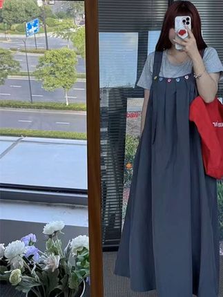 大码夏季慵懒风甜美背带连衣裙短袖T恤两件套5927# #连衣裙 #连衣裙穿搭 #连衣裙推荐 #连衣裙测评