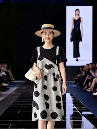 【2025 夏大码】复古印花短袖假两件 雪纺吊带连衣裙套装 #夏季新款 #时尚走秀现场 #连衣裙 #穿出高级感 #品质女装