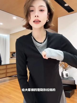 #月月不吃鱼#爆款热卖中#女装#女装穿搭#穿搭YYOUHAN 2025新款【几许】长袖时尚撞色假两件针织T恤