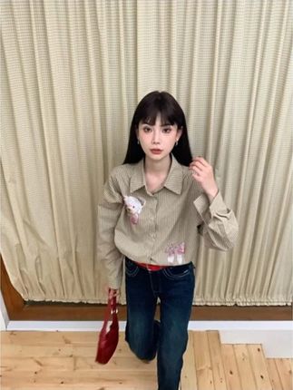 私服小熊烫钻休闲短款衬衫长袖衬衫 #赵小小 #赵小小YIMAO #时髦精 #衬衫 #每日搭配