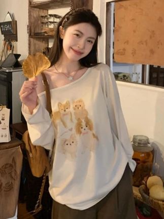 杏色卡通小狗印花斜肩长袖T恤女2025早秋季设计感露肩打底衫 #质量杠杠的好 #高品质童装 #每日童装穿搭分享 #短袖t恤