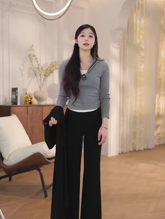 黑色天眼面料微喇西装裤女秋季2025新款高腰休闲显瘦修身喇叭裤子#女士西装裤 #秋季新款 #微喇裤子 #显瘦修身 #百搭时尚