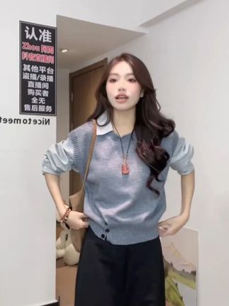常规假两件款衫毛针织衫女撞色拼接厚款条纹打底#品质女装 #时髦精 #宽松有范 #穿出自己的风格 #韩系穿搭