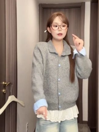 韩系复古灰色翻领长袖针织开衫女秋冬季慵懒风宽松显瘦毛衣外套#高级 #气质 #日常 #休闲 #好看的衣服都在这里
