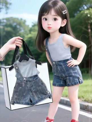 奶fufu的小萌娃出街~浅灰无袖+牛仔背带裤,清爽利落,超甜哒!#生女儿就要给她这样穿 #儿童穿搭 #高品质童装 #童装搭配每日更新 #萌娃穿搭