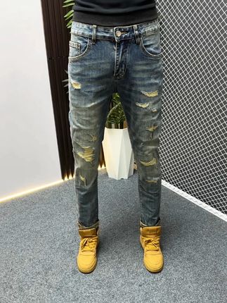 男士破洞牛仔裤,水洗复古修身小直筒,有九分和长裤可以选择 #牛仔裤 #潮流穿搭 #男裤 #破洞牛仔裤男 #男生穿搭