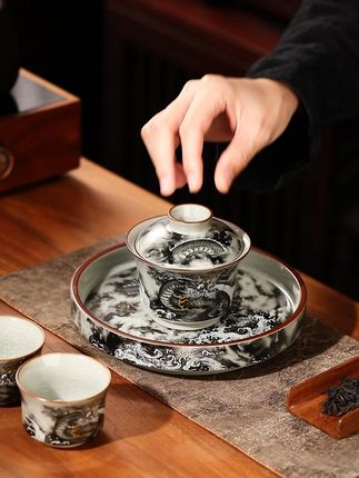 沉浸式泡茶|墨龙出海茶具配茶汤,视觉暴击了! #茶器之美 #器物之美 #盖碗泡茶