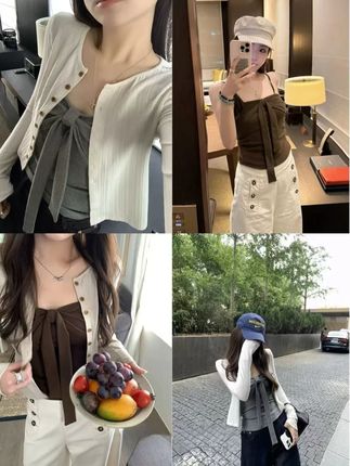 蝴蝶结设计吊带内搭背心+针织开衫薄款短款外套A3878+ A3879#ootd穿搭 #今天穿什么 #好看的衣服都在这里 #谁穿谁好看