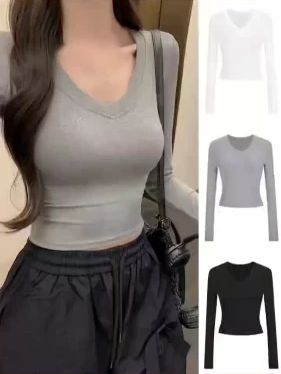 性感辣妹正肩V领长袖t恤女2025春季新款高腰修身显瘦短款白 性感辣妹正肩V领长袖t恤女2025春季新款高腰修身显瘦短款白色上衣
