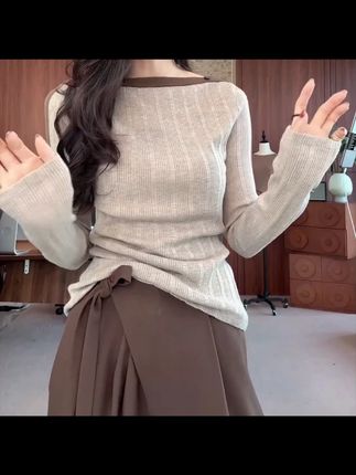 【优雅弧度】秋款上新长袖拼接修身套头针织衫C6026#秋款针织衫 #长袖拼接 #修身套头 #秋季穿搭 #时尚服饰