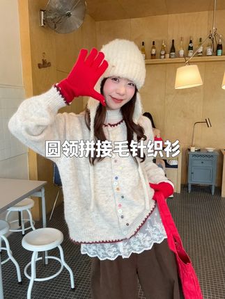 慵懒风秋冬季针织圆领拼接毛针织衫小香风气质复古 #立体感十足#设计感#上衣#针织 #秋季主打简单干净氛围感