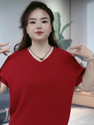 夏季女v领套头休闲风毛针织衫宽松洋气纯色简约百搭T恤1583 #大码女装 #宽松T恤 #短袖T恤 #针织T恤 #百搭T恤